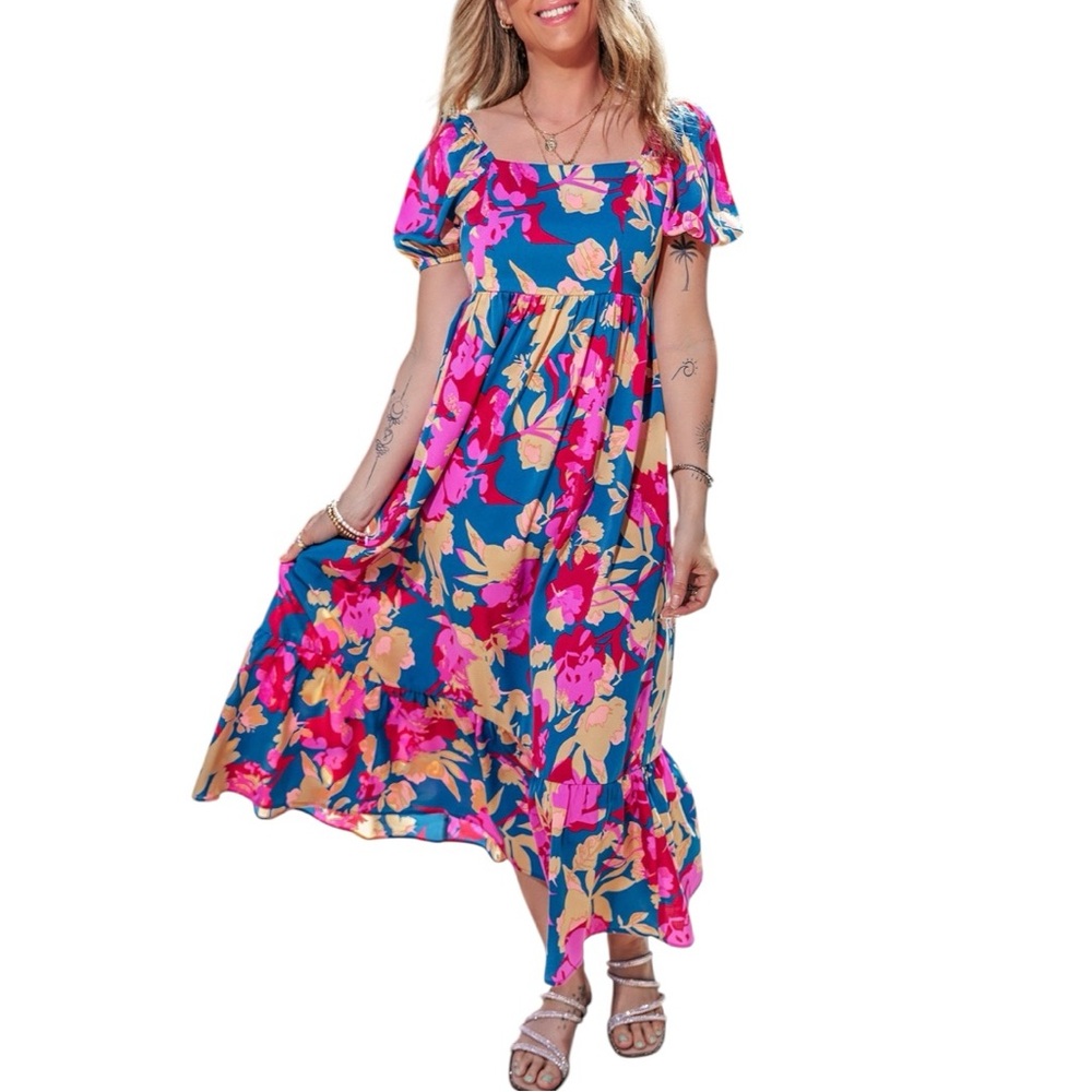 NEW Printed Square Neck Short Sleeve Midi Dress Floral Blue and Pink Easter